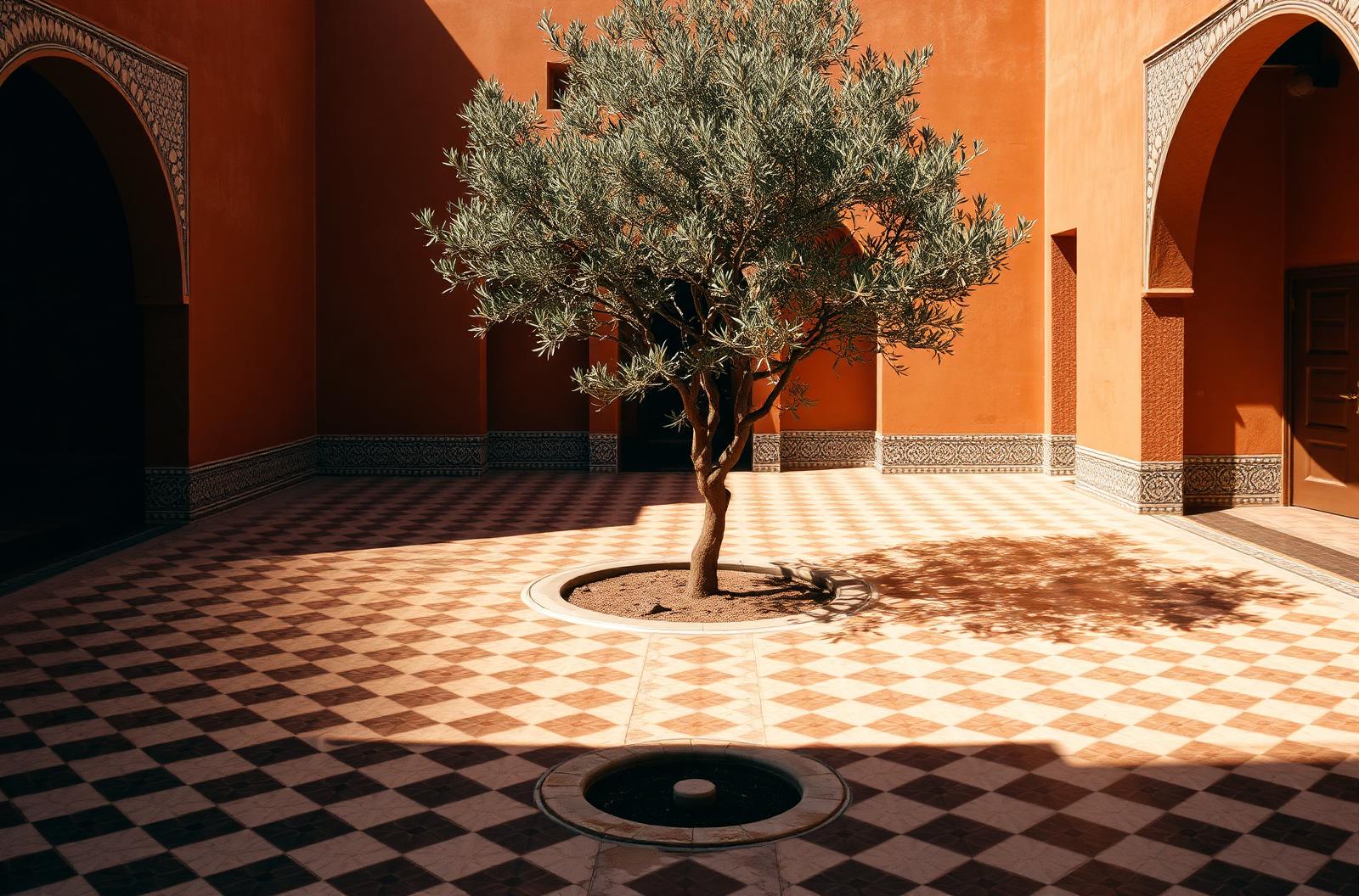 A quiet Moroccan riad courtyard.